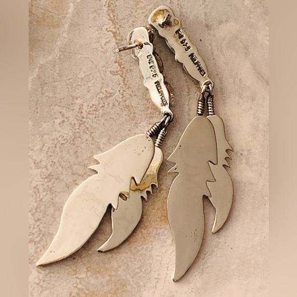 Sterling Silver and Turquoise Feather Dangle Earrings - Picture 7 of 8